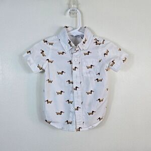 Janie & Jack Baby Boy White Hot Dog Flag Poplin Preppy Button Shirt 12-18Mo USA